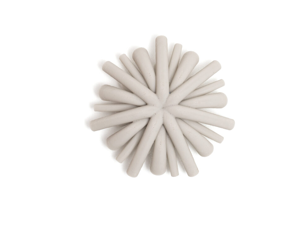 Broche Radia da KUBOLAB: disco de espinhos radiais em PLA branco, impresso em 3D